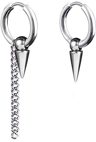 Mens Hoop Earrings With Cross Feather Cone Ball Chain Dangle Black Silver 316L Stainless Steel Punk Hip Hop Rock Gothic Style Kpop Asymmetric Earrings For Men Women