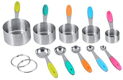 MAGT Lot de 10 tasses et cuillères à mesurer en acier inoxydable avec poignée en silicone pour la cuisine