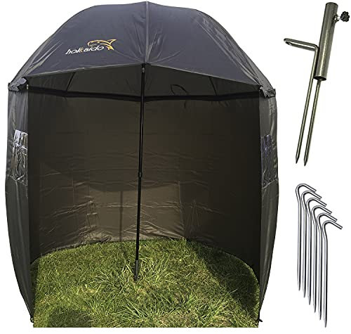 NECO 15021 Parapluie de pêche, diamètre : 220 cm, avec cape, support de parasol et piquets, protection contre la pluie, le vent et les rayons UV, pour 2 hommes et bagages à la carpe + étui gratuit,