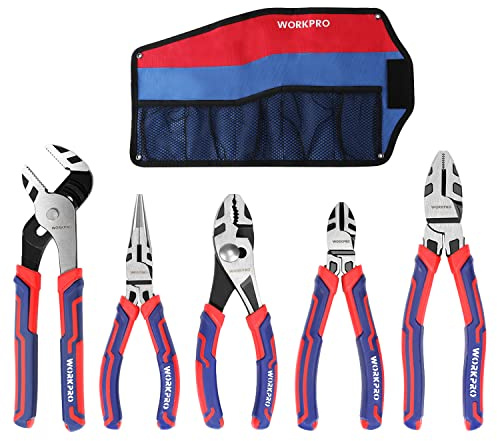 WORKPRO Pliers Set, Premium Cr-V Construction, Includes 6 Inch Slip Joint, Long Nose, Diagonal Cutting, 8 Inch Groove Joint, 7 Inch Linesman and Storage Pouch, for Basic Repair
