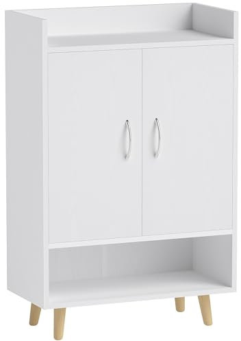 HOMCOM Schuhschrank Schuhregal mit Türen und Regalen für Flur und Eingangsbereich, moderner Schuhkommode Schuhablagen, E1 Spanplatte, Massivholz, Weiß, 60 x 30 x 92 cm