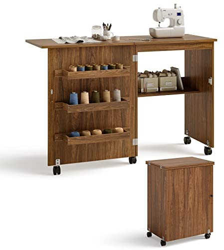 COSTWAY 2 in 1 Nähschrank & Schreibtisch klappbar, Nähtisch aus Holz mit 3 Einlegeböden für Spulen & feststellbare Rollen, Nähmaschinenschrank für Wohnzimmer, Schlafzimmer & Büro (Kaffee)