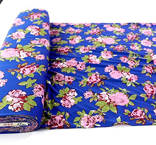 TOLKO bunter Designer Baumwoll-Jersey für Shirt Kleid Rock | Weich blickdicht elastisch | Jersey Stoff Meterware Kleiderstoff Stoffe zum Nähen Basteln | 150cm breit Baumwollstoff (Blau Rosa Rose)