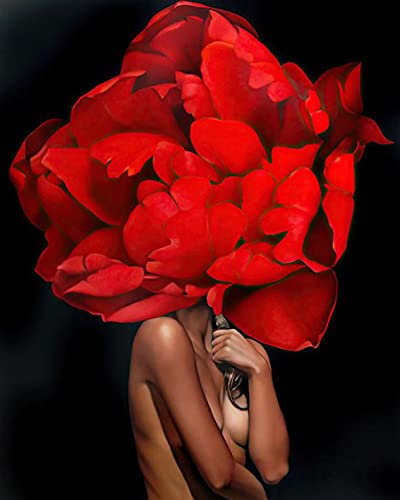 Tucocoo Frauen mit Blumen auf dem Kopf, Malen nach Zahlen für Erwachsene, Anfänger, weibliche Körperbemalung, rote Blume, Acryl-Ölgemälde-Set für Heimdekoration und Geschenk für Festivals, mit Rahmen