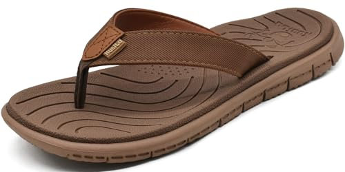 KuaiLu Chanclas Mujer Verano Playa Piscina Cuero y Tela Flip Flops Señoras Comodas Piel Planas Caminar Sandalias De Dedo Antideslizante Yoga-Espuma Chancletas Alles Marrón 41