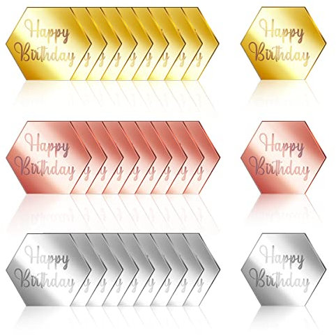 30pcs Happy Birthday Cake Disc Acrylic Cupcake Toppers, Mirror Acrylic Cake Topper Hexagon Engraved DIY Topper Charms Cake Cupcake Decorations for Birthday Party Decor