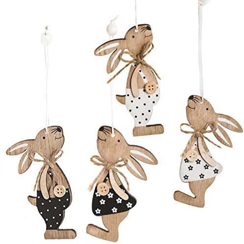 Logbuch-Verlag 4 Hasen Anhänger Osteranhänger Osterbehang schwarz-weiß Holzhasen zum Aufhängen 9 cm