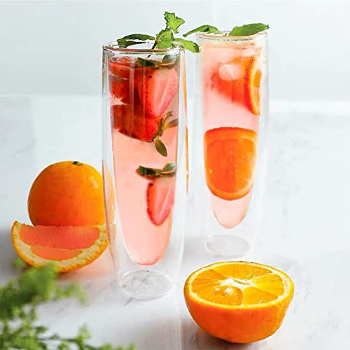 NIUXICH Lot de 2 flûtes à champagne à double paroi - Transparentes - Sans pied - Isolées - Pour fête, mariage, anniversaire - 150 ml