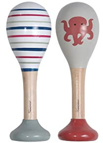 Kindsgut Rasseln aus Holz, 2er Set Musik Instrument für Babys und Klein-Kinder, ideal für unterwegs, dezente Farben und hochwertige Qualität, Oktopus und Streifen