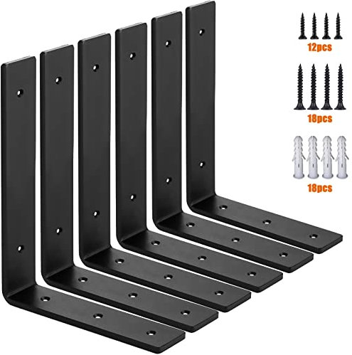MLOQI 6 Pack Heavy Duty Shelf Brackets, 5mm Thick Scaffold Board L Wall Brackets for Shelves, Black Industrial Shelves Support (12x6/30cm x 15cm)