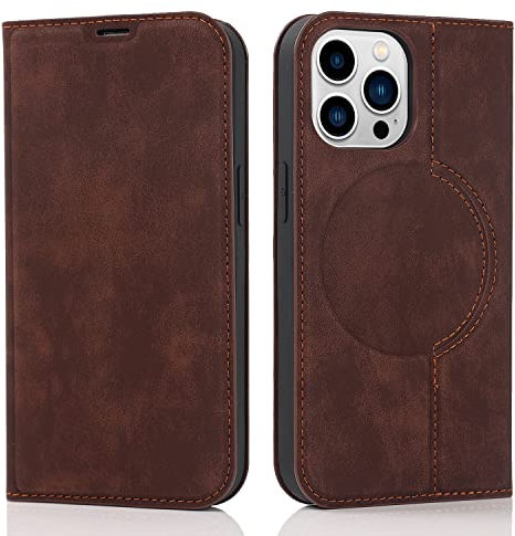 QLTYPRI Wallet Case for iPhone 12 Pro Max (6.7 inch) Compatible with Magsafe Charger, Magnetic Flip Folio PU Leather Phone Case with RFID Blocking Card Holder Slots Kickstand Shockproof Cover - Coffee