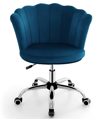 COSTWAY Velvet Office Chair, Height Adjustable Swivel Computer Desk Chair Leisure Vanity Seat, Ergonomic Rolling Petal Scallop Shell Back Executive Task Chairs for Home Office Bedroom (Blue)