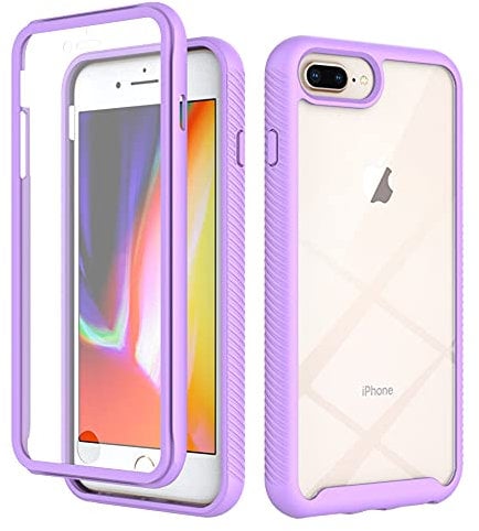 for iPhone 8 Plus / 7Plus / 6S Plus / 6 Plus Case with Built-in Screen Protector, 360 Full Body Protective Cover Heavy Duty Anti-Scratch Shockproof Slim Silicone Bumper Clear Phone Case, Purple