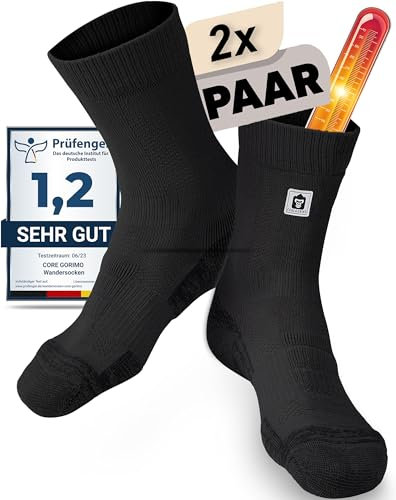 CORE GORIMO – 2 Paar – Merino Wandersocken Damen & Herren - mit Anti-Blasen Schutz - Wandersocken Herren & Damen zum Wandern, Hiking und Trekking (39-42, Schwarz)