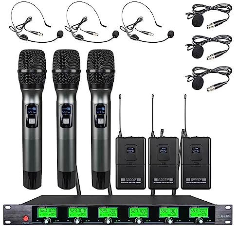 6 Channel Microphone Wireless Microphone System UHF 3 Handheld Mic 3 Headset 3 Lavalier Bodypack 3 Lapel Mic Karaoke System Church Speaking Conference Wedding Party Frequency A School