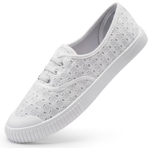 Harvest Land Womens Canvas Shoes Ladies Fashion Trainers Low Top Lace Embroidered Slip on Sneaker White 8