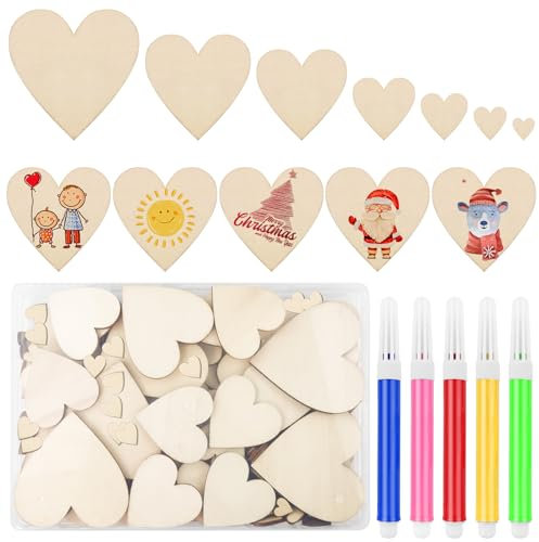 Hengxinchen 240 Stück Holzherzen Deko, 10-60mm Holzherzen Streudeko Zum Beschriften, Holzscheiben herz Hochzeitsdeko, Herz Deko Holz für DIY Handwerk, Tischdekoration,mit 5 Stück Farbe Stifte