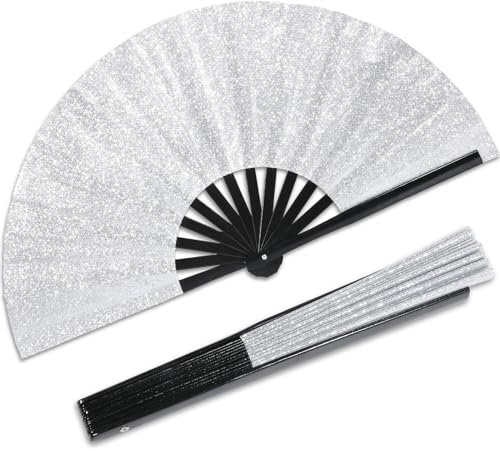 Qyeahkj Glitter Silver Hand Fan for Men Women Large Folding Rave Clack Handheld Chinese Tai Chi Kung Fu Foldable Fabric Decorative EDM Club Party Dance Performance,(QB0211)