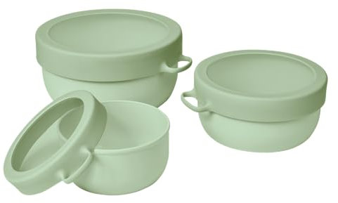 EKU Upcycle Set of 3 Bowls - Nesting Bowls Made from 100% Upcycled Materials - Stackable Food Storage Containers with Clear Lids & Handles - Microwave & Dishwasher Safe - Sage