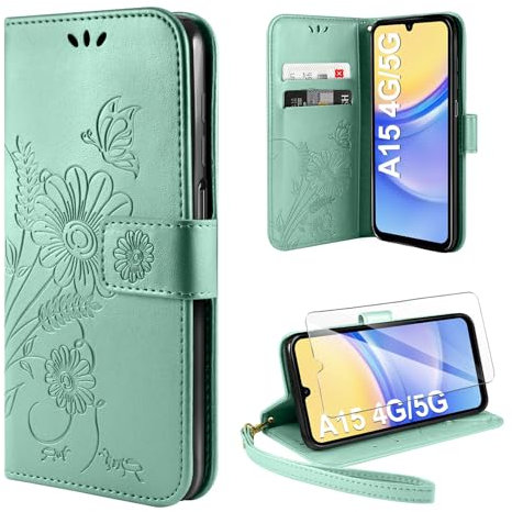 ivencase Handyhülle für Samsung Galaxy A15 4G/5G Hülle mit 1 Stück Hartglas Schutzfolie, Flip Lederhülle Tasche Case Magnet Kartenfach Schutzhülle für Samsung Galaxy A15 (Hellgrün)