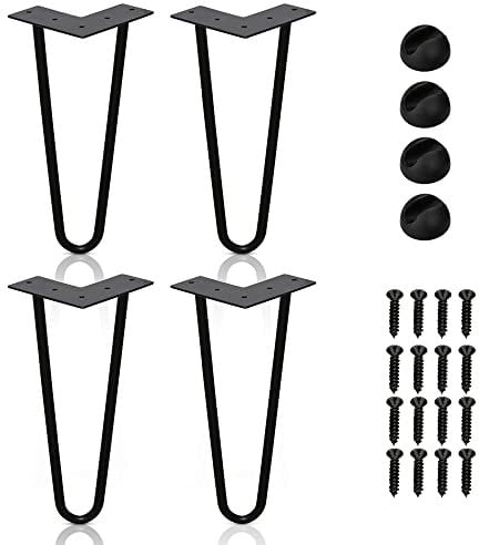 SWANEW Lot de 4 pieds de table en métal noir avec 2 pieds en épingle à cheveux, pour bureau, table et table basse avec protections de sol et vis (20 cm)