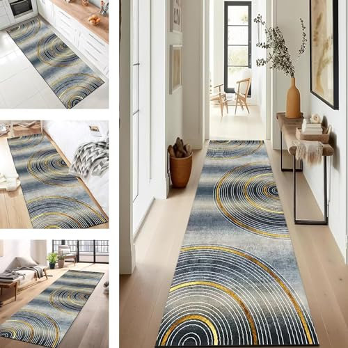 SUCERU Teppich Läufer für Küche Flur Wohnraum Küchenläufer rutschfest mit Gelrücken 100X300CM Blau Weiß Polyester Dauerhaft Waschbar Teppichläufer Teppich Läufer für Waschküche Eingang Wohnzimmer