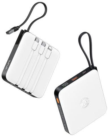 VRURC 20000mAh Power Bank mit Kabel Klein USB C Powerbank Schnelles Aufladen Mini Tragbares Ladegerät Externer Akku Klein und leicht mit 4 Ausgänge 3 Eingänge LED-Anzeige für iPhone Huawei usw (Weiß)