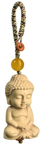 Abbdbd Sculpture sur Bois Bouddhisme Statue Pendentif Porte-clés Chinois Guan Kwan Yin Bouddha Figurine Chanceux Feng Shui Protection De Voiture Pendentif Suspendu