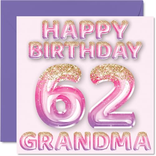 62nd Birthday Card for Grandma, Pink & Purple Glitter Balloons | Happy Birthday Cards for 62 Year Old Grandma from Grandson Granddaughter, 145mm Bday Greeting Cards Gift