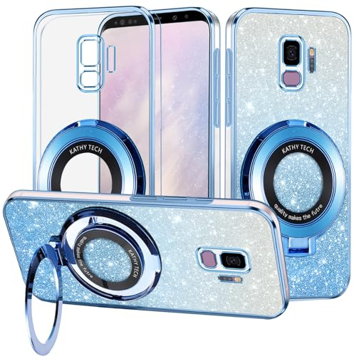 Yarxiawin für Samsung Galaxy S9 Hülle Silikon Transparent Glitzer Magnetisch Aesthetic, Kompatibel mit Magsafe Handyhülle für Samsung S9 mit Ständer Schutzhülle (Blau)