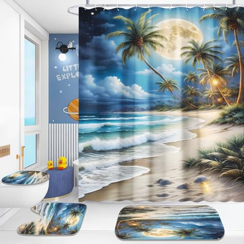 Fadaing Strand Duschvorhang Set Polyester 180x180 4-teiliges Badset | Komplett 4-teiliges Set inkl. Duschvorhang & Badteppich