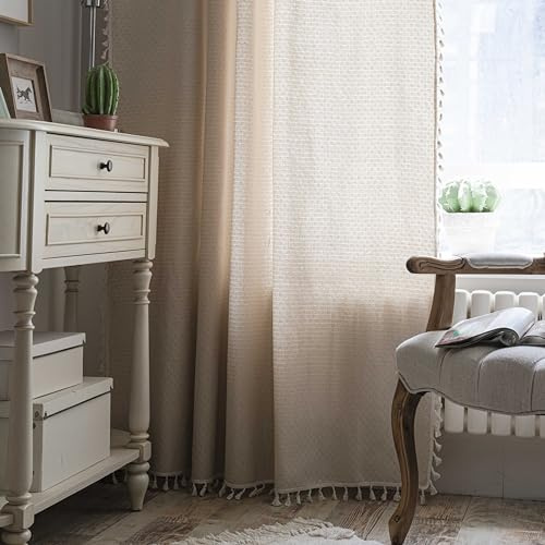 iyoimono Boho Vorhänge Beige Vintage Gardinen Landhausstil Häkeln Stricken Vorhänge,Baumwolle Leinen Quaste Transluzente Verdunklung Gardinen für Küche Wohnzimmer Schlafzimmer,2 Stück,B150×H300cm
