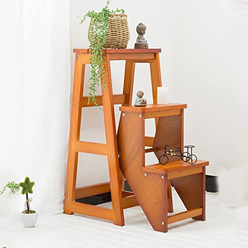 Escabeau 3 marches en Bois, Chaise d'escalier Pliante Portable, escabeau élargi pour Cuisine et bibliothèque, Marron