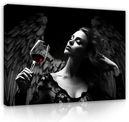 WallArena - Leinwand Bilder - Frau Engel Wein Schwarz - 120x80 cm Leinwandbilder - Bild auf leinwand - Wandbild XXL groß Wandbilder für Wohnzimmer Schlafzimmer Wohnzimmerbilder Modern