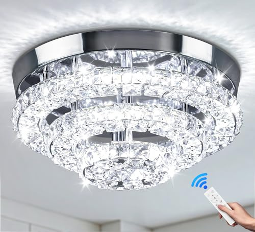 11.8 Inch Round Crystal Ceiling Light Flush Mount Dimmable | Dimmable LED Chandelier with Remote Control for Living Room Bedroom Dining Room and Hallway