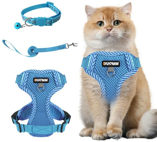 Muecleao Katzengeschirr mit Leine Ausbruchsicher, Katzenleine mit Geschirr für Katzen, Verstellbares Katzengeschirr Katzenhalsband mit Reflektierenden Streifen für Outdoor Training Gehen (Blau, M)