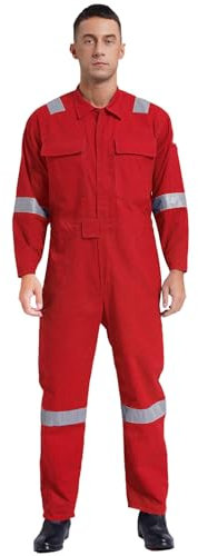 Xnihocha Herren Arbeitsoverall Overall Langarm Einteiler Arbeitsanzug aus 100% Baumwolle Reflektierende Streifen Lang Jumpsuit Rot L