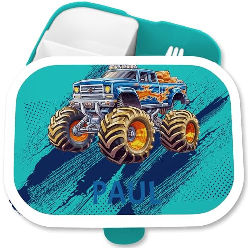 Brotdose Kinder Campus für Mepal - Auto - Lunchbox Monstertruck mit Name Brotbox Monster Truck | Jungen Geschenk Einschulung Trucks - 750 ml - Türkis - geschenke junge fahrzeugen personalisierte