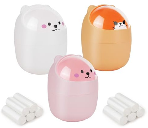 MOAMUN 3 Piezas Mini Papelera Escritorio con 200 Bolsas Basura, Bonito Animal Cubo Papelera Oficina con Tapa Volteable, Duradero Cubo Basura Pequeño para Oficina En Casa Cocina Dormitorio Tocador Buró