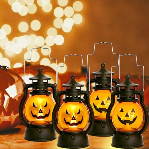 4 Stück Halloween Laterne, Vintage Halloween Kürbis Deko, Tragbare Kürbis Laterne mit Verschiedenen Ausdrücken, Halloween Tischdeko, Halloween Deko Innen Outdoor