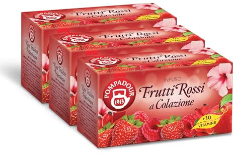 Pompadour, Infuso Frutti Rossi a Colazione con 10 Vitamine, 60 Filtri (3 Confezioni da 20 Filtri), Dolce e Fruttato, Piace anche ai Bambini, Senza Lattosio, Glutine e Allergeni, Vegan