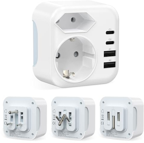 Reiseadapter für Südafrika,Steckdosenadapter Typ M 2 Steckdose Südafrika Deutschland Reisestecker Adapter mit 2 USB C&2 USB A(3,4A 17W), Weiß