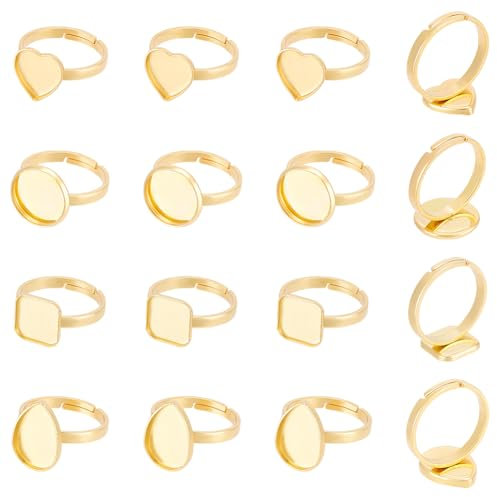 UNICRAFTALE 16 Stück 4 Stile Cabochon Rohlinge Ring Verstellbare Ringkomponenten Edelstahl Runde Herz Fingerring Pad Ringbasis Quadratisches Tablett Ring Tropfen Pad Basis Für DIY Die Ringherstellung