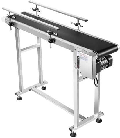 VEVOR PVC Belt Conveyor 47″x 7.8″, Electric PVC Conveyor 110V Adjustable Automatic Speed, Conveyor Machine with Double Guardrail, in Stainless Steel, Industrial Transport Equipment