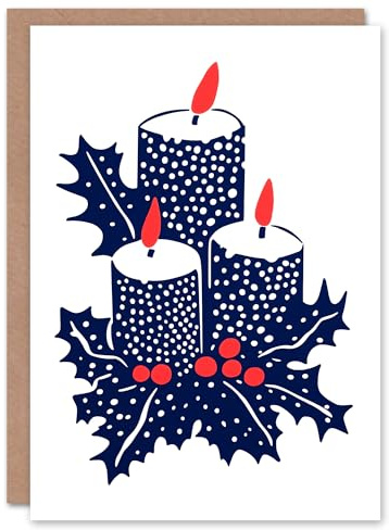 Wee Blue Coo Three Pillar Candles Holly Plant Leaves Fun Xmas Art Blank For All Christmas Card