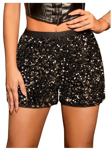 GORGLITTER Damen Glitzer Shorts Party Festival Outfit Rave Clubwear Pailletten Shorts Freizeitshort Glänzend Kurz Hose Herbst Outfit Gold S