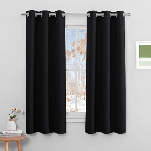 PONY DANCE Short Blackout Eyelet Curtains, Black, 2 Panels, 37 x 63 Inch | Thermal Insulated 63 Inch Drop Curtains for Bedroom Windows, Energy Saving & Room Darkening Drapes for Living Room or Kitchen
