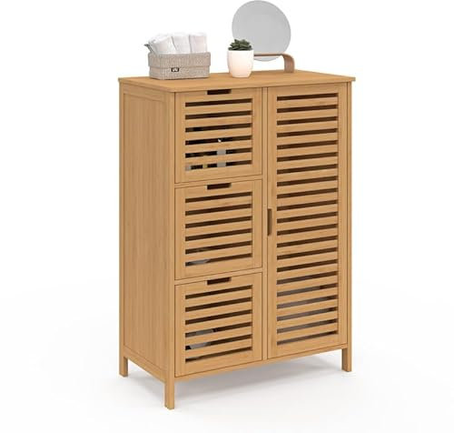 IDMarket BEA - Mueble de almacenamiento de baño de bambú con 3 cajones con armario