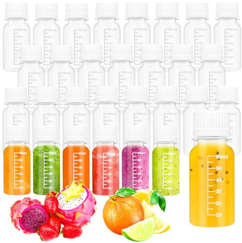 Szsrcywd 30Pcs 2 oz Small Ginger Bottles with Caps with Scale,Plastic Shot Juice Bottle Resusable Liquids Jars Beverage Containers for Beer,Coffee,Smoothies Portable Travel Bulk