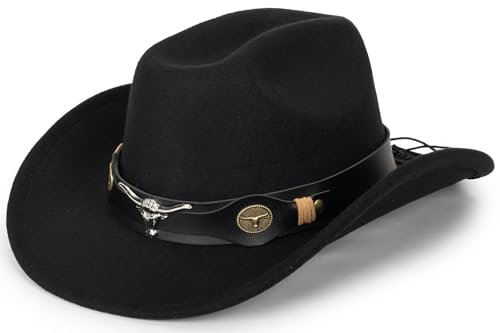 HilyBony Western-Cowboyhut für Damen und Herren, klassischer Fedora-Hut mit breiter Krempe und Schnallengürtel, Schwarz mit Bull-Belt, L